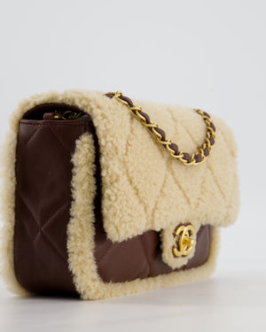 *SUPER RARE* Chanel 24K Medium Flap Bag in Dark Brown Lambskin Leather with Beige Shearling and Brushed Gold Hardware