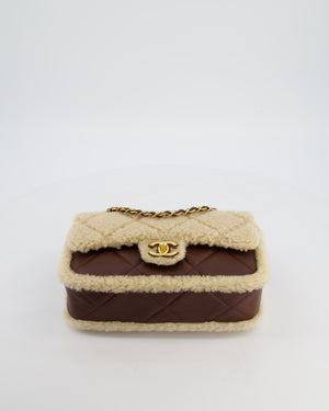 *SUPER RARE* Chanel 24K Medium Flap Bag in Dark Brown Lambskin Leather with Beige Shearling and Brushed Gold Hardware