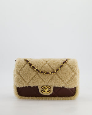 *SUPER RARE* Chanel 24K Medium Flap Bag in Dark Brown Lambskin Leather with Beige Shearling and Brushed Gold Hardware