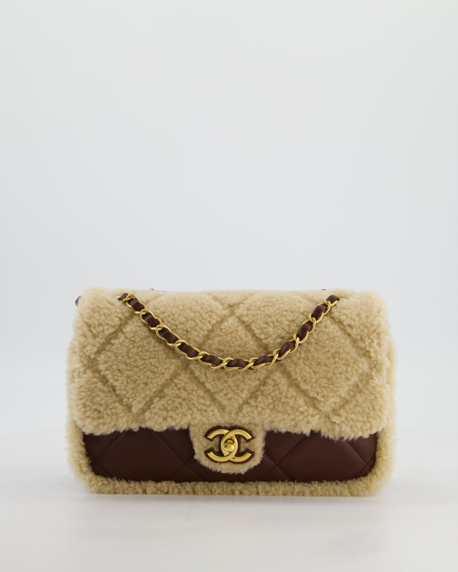 *SUPER RARE* Chanel 24K Medium Flap Bag in Dark Brown Lambskin Leather with Beige Shearling and Brushed Gold Hardware