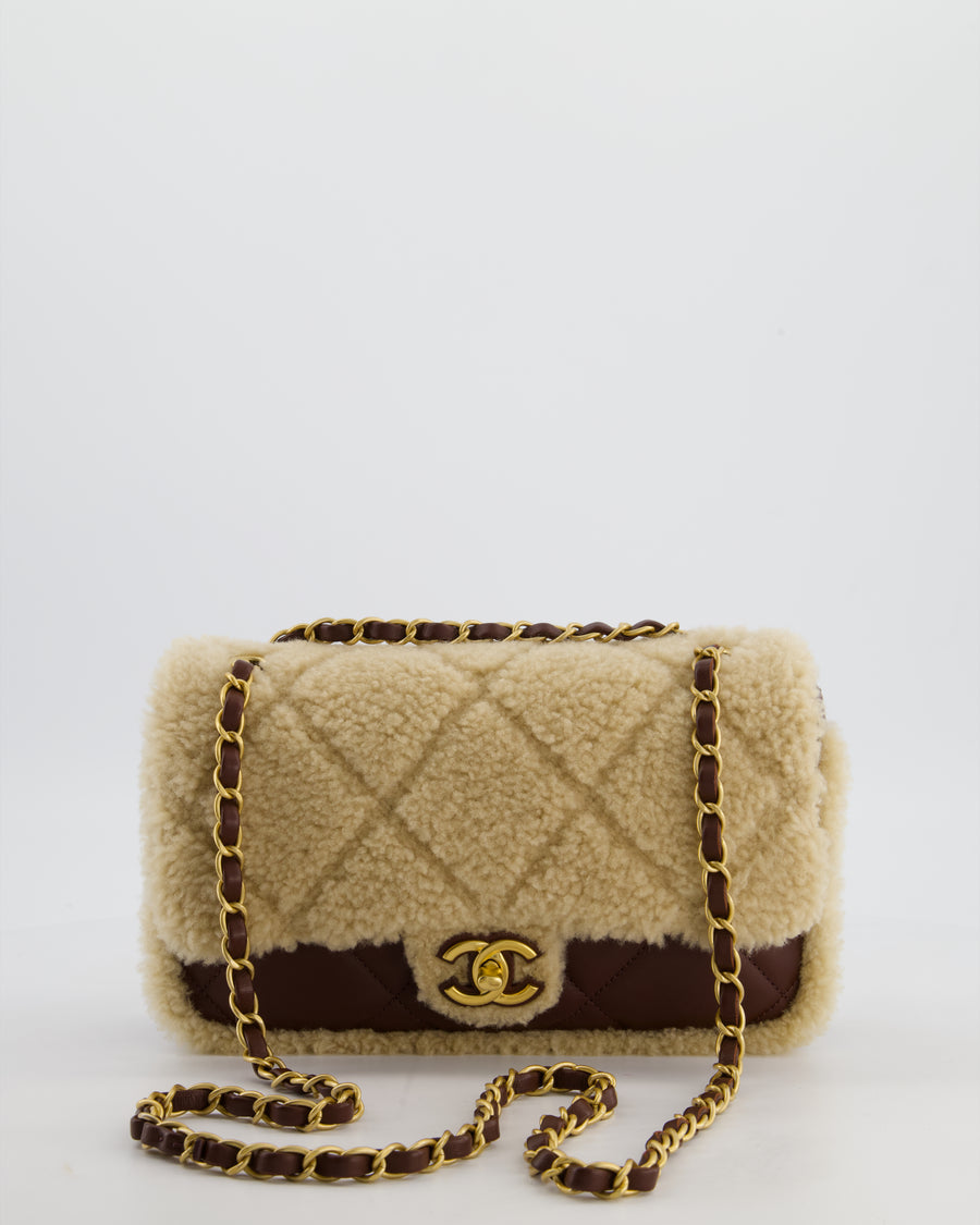 *SUPER RARE* Chanel 24K Medium Flap Bag in Dark Brown Lambskin Leather with Beige Shearling and Brushed Gold Hardware