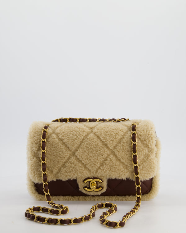 *SUPER RARE* Chanel 24K Medium Flap Bag in Dark Brown Lambskin Leather with Beige Shearling and Brushed Gold Hardware