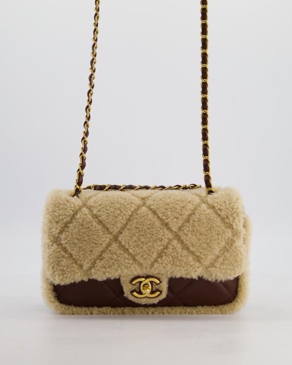 *SUPER RARE* Chanel 24K Medium Flap Bag in Dark Brown Lambskin Leather with Beige Shearling and Brushed Gold Hardware