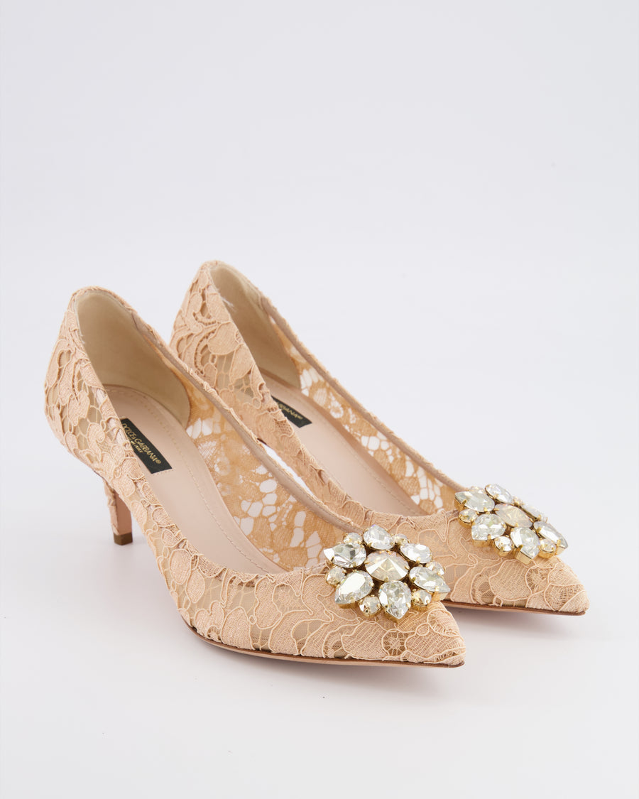 Dolce & Gabbana Blush Pink Bellucci Taormina Lace Heeled Pumps with Crystal Buckle Size EU 38.5