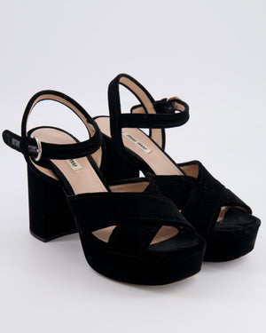 Miu Miu Black Velours Platform Heeled Sandals with Crossover Strap Detail Size EU 38.5