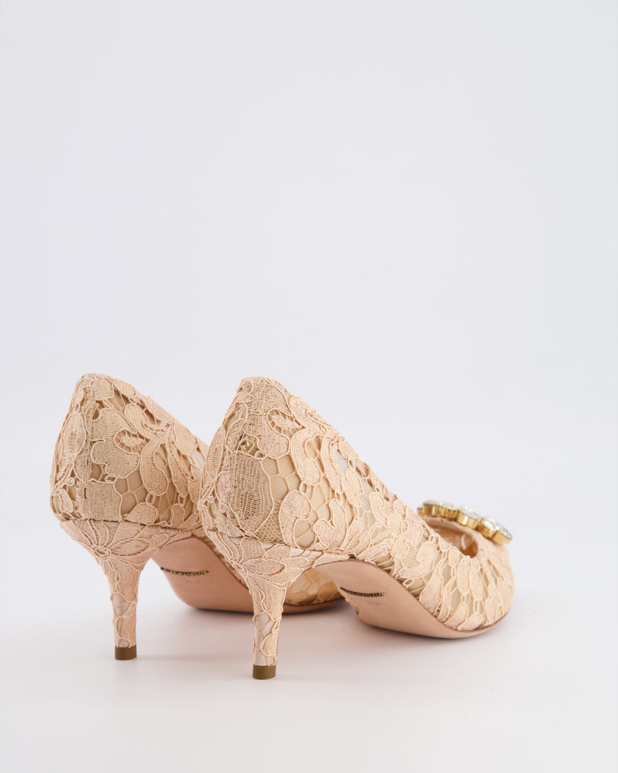 Dolce & Gabbana Blush Pink Bellucci Taormina Lace Heeled Pumps with Crystal Buckle Size EU 38.5