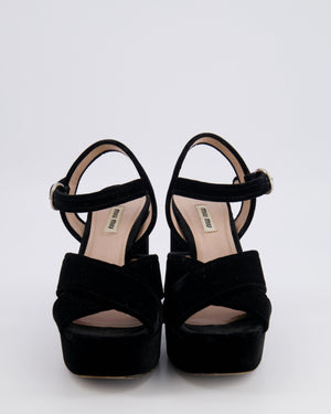 Miu Miu Black Velours Platform Heeled Sandals with Crossover Strap Detail Size EU 38.5