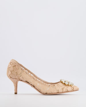 Dolce & Gabbana Blush Pink Bellucci Taormina Lace Heeled Pumps with Crystal Buckle Size EU 38.5