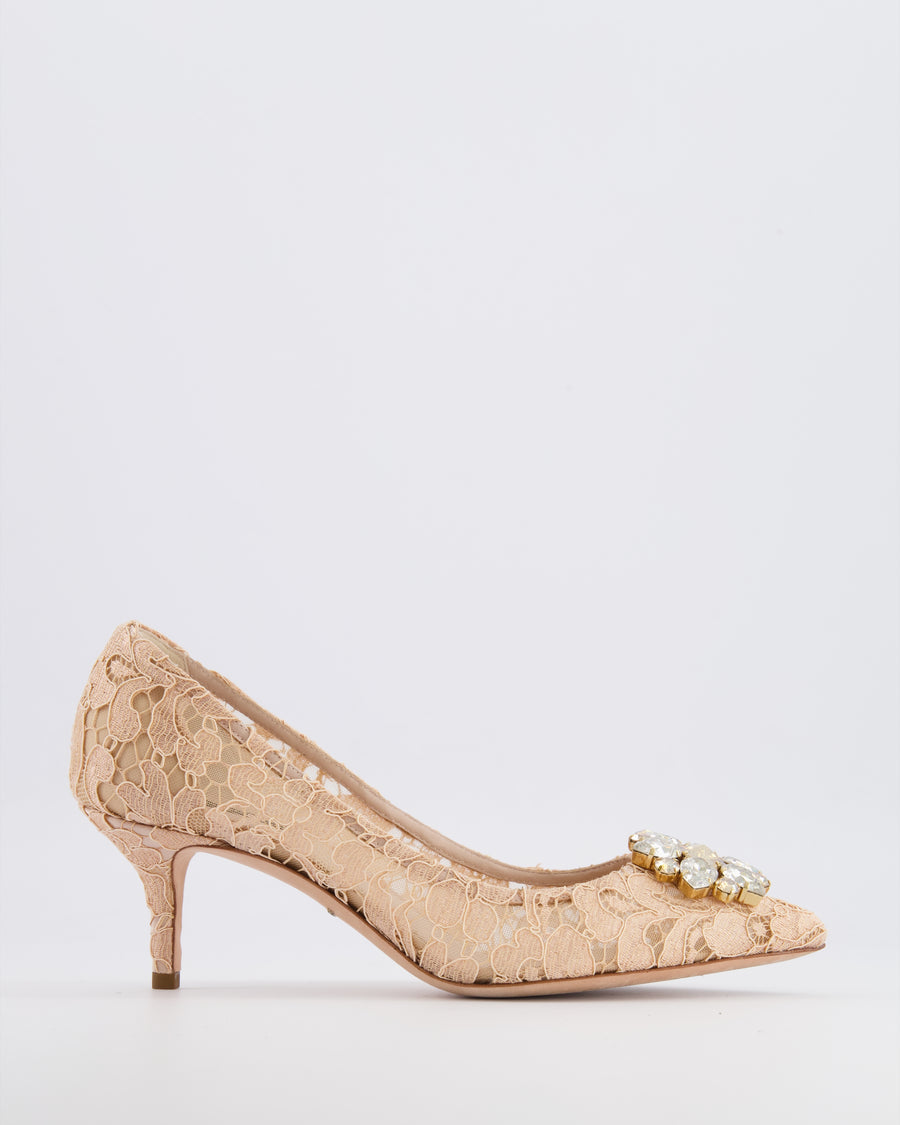 Dolce & Gabbana Blush Pink Bellucci Taormina Lace Heeled Pumps with Crystal Buckle Size EU 38.5