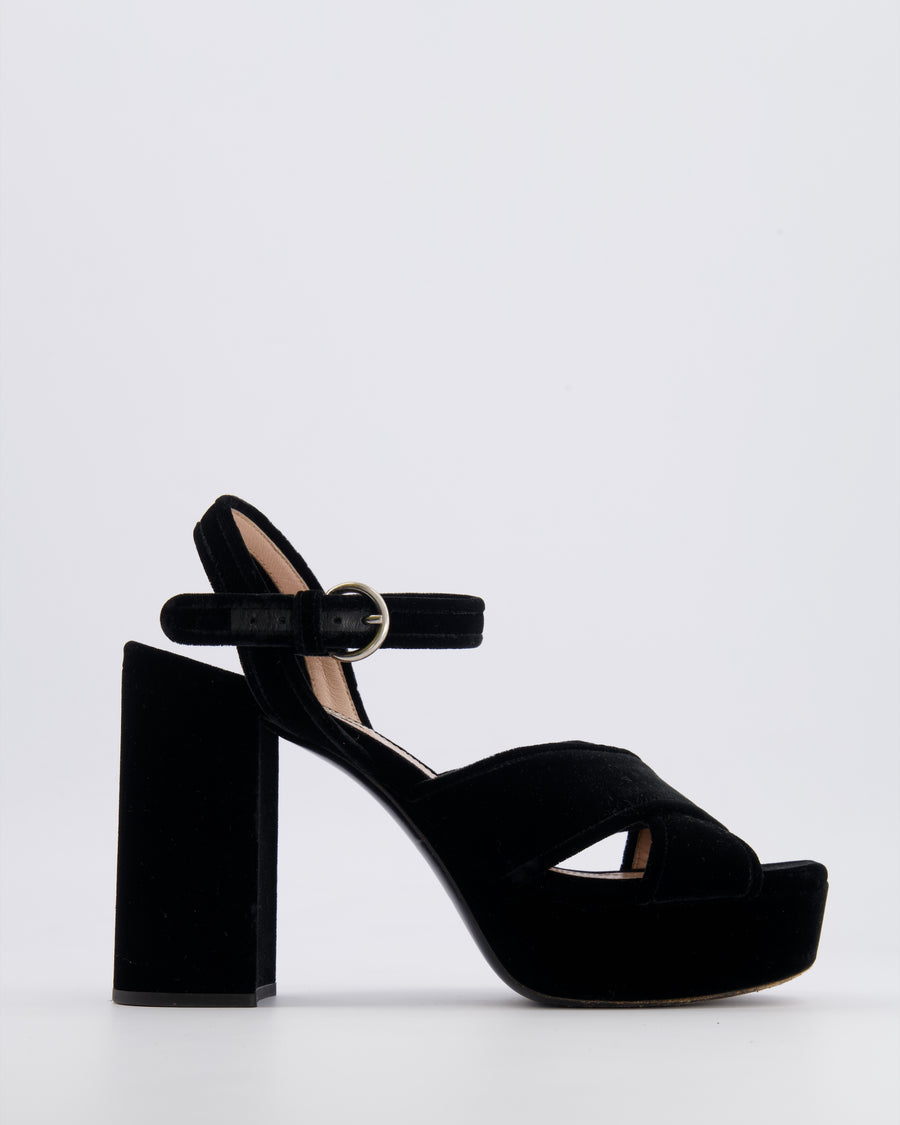 Miu Miu Black Velours Platform Heeled Sandals with Crossover Strap Detail Size EU 38.5