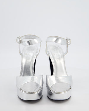 Chanel Silver Platform Open Toe Heels in Metallic Leather with Ankle Straps and Stitched CC Logo Size EU 40.5