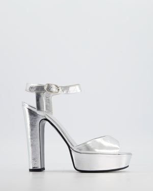 Chanel Silver Platform Open Toe Heels in Metallic Leather with Ankle Straps and Stitched CC Logo Size EU 40.5