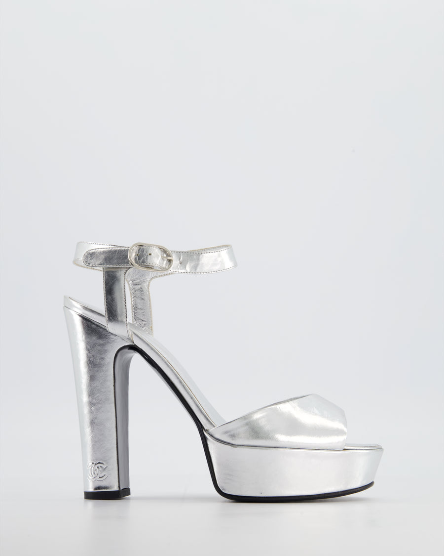 Chanel Silver Platform Open Toe Heels in Metallic Leather with Ankle Straps and Stitched CC Logo Size EU 40.5