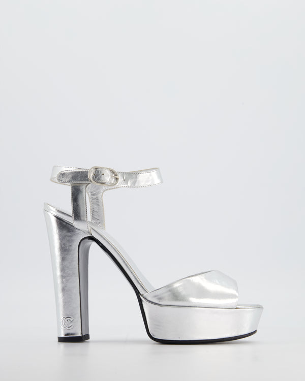 Chanel Silver Platform Open Toe Heels in Metallic Leather with Ankle Straps and Stitched CC Logo Size EU 40.5