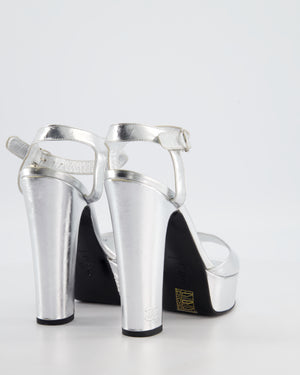 Chanel Silver Platform Open Toe Heels in Metallic Leather with Ankle Straps and Stitched CC Logo Size EU 40.5