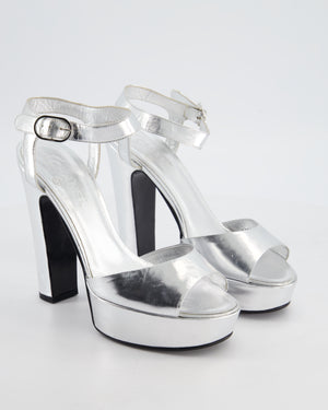Chanel Silver Platform Open Toe Heels in Metallic Leather with Ankle Straps and Stitched CC Logo Size EU 40.5