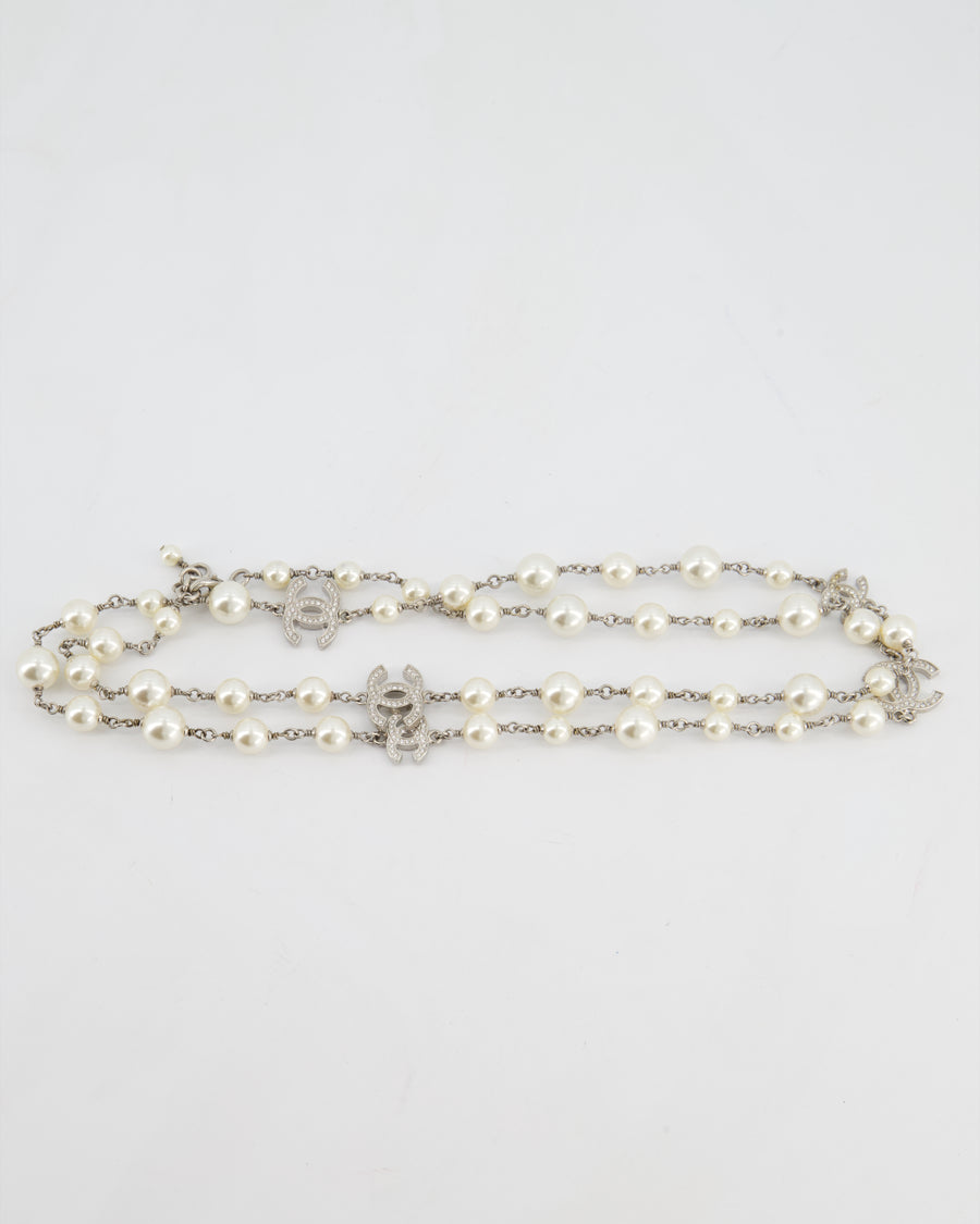 Chanel 18/A Silver Diamante CC Pearl Necklace