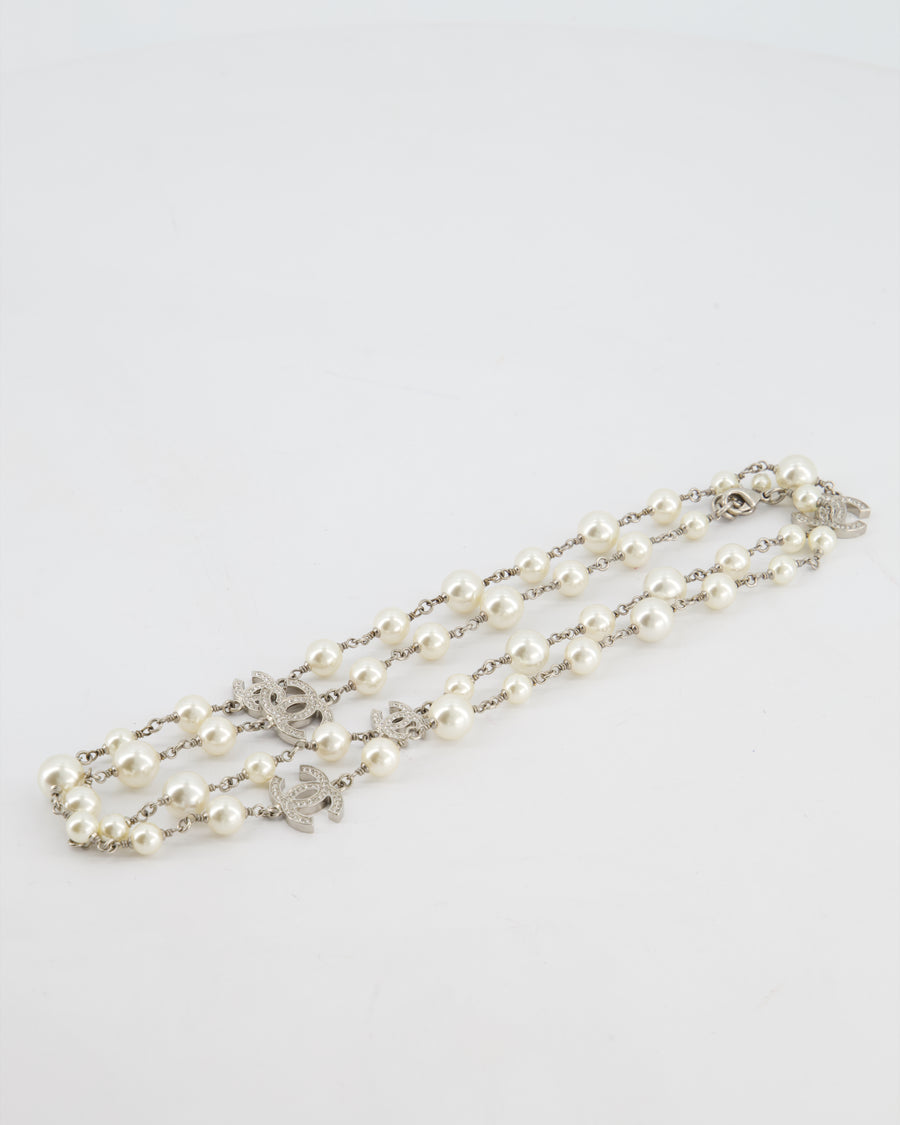 Chanel 18/A Silver Diamante CC Pearl Necklace