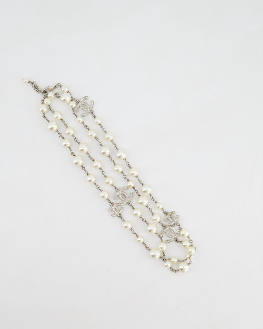 Chanel 18/A Silver Diamante CC Pearl Necklace