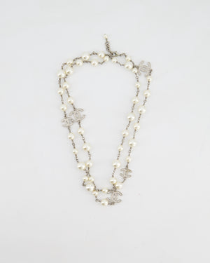 Chanel 18/A Silver Diamante CC Pearl Necklace