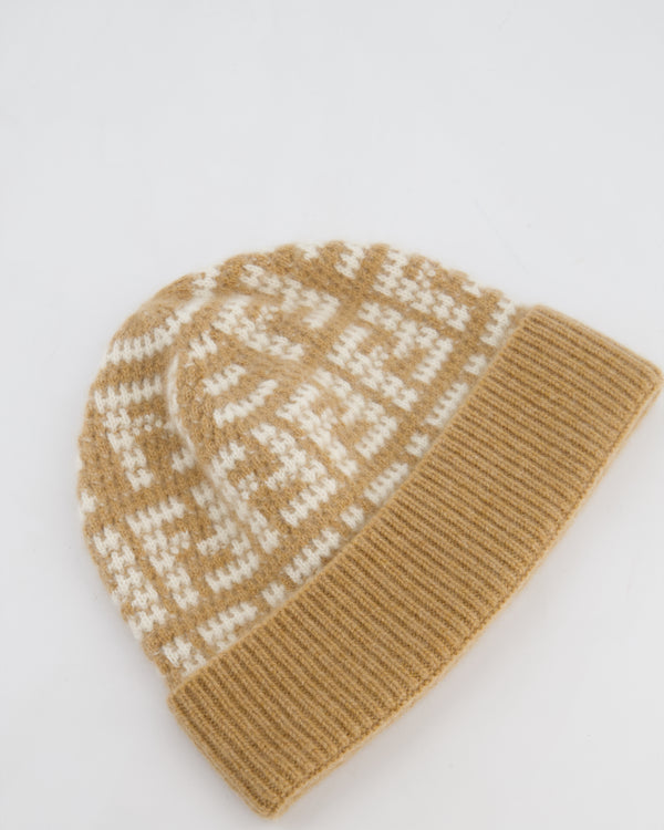 Fendi Beige and White with FF Monogram Cashmere Beanie