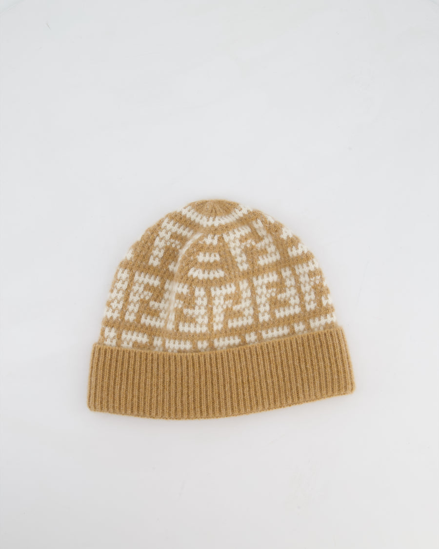 Fendi Beige and White with FF Monogram Cashmere Beanie