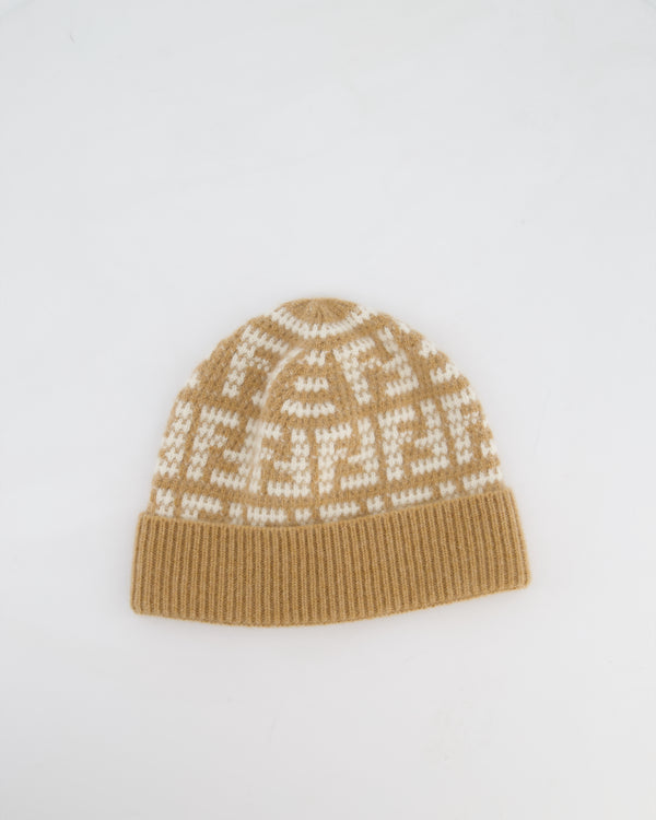 Fendi Beige and White with FF Monogram Cashmere Beanie