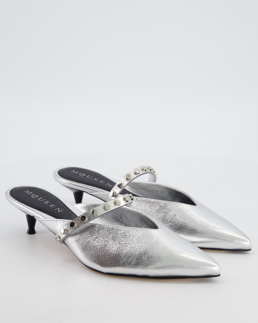 Alexander McQueen Studded Silver Heeled Mules Size EU 37