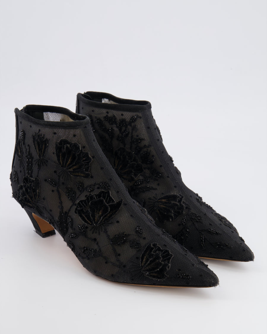 Christian Dior Black Mesh Pointed Kitten Heeled Ankle Boots with Velours and Beaded Floral Embroideries Size EU 38.5
