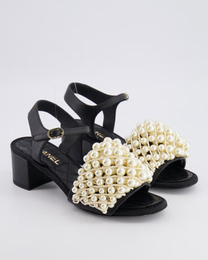 Chanel Black Heeled Sandals with Pearl Embellished Band and Champagne Gold CC Logo Detail Size EU. 38.5