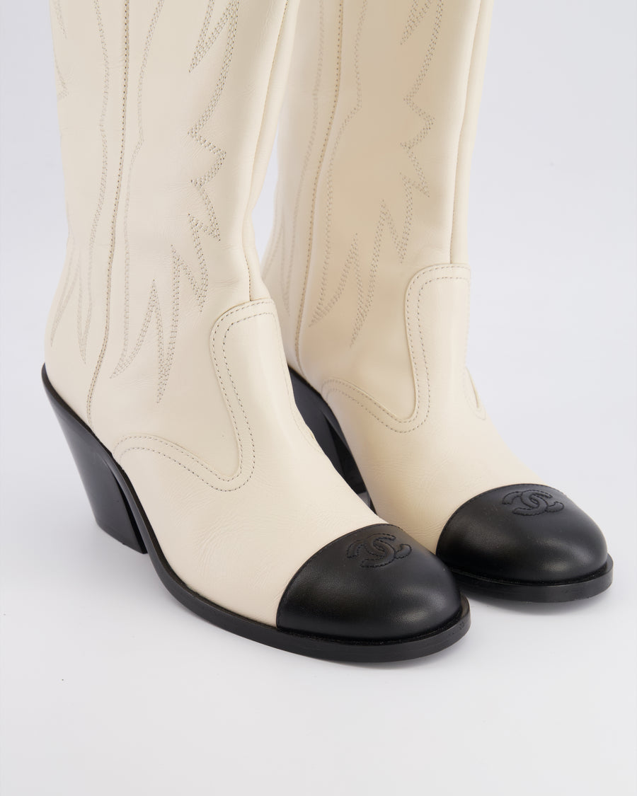 *HOT* Chanel Cream Leather Cowboy Heeled Boots with Black Toecap CC Logo and Embroideries Size EU 39C