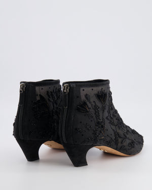 Christian Dior Black Mesh Pointed Kitten Heeled Ankle Boots with Velours and Beaded Floral Embroideries Size EU 38.5