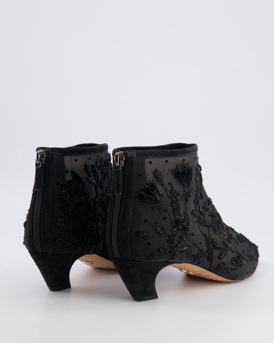 Christian Dior Black Mesh Pointed Kitten Heeled Ankle Boots with Velours and Beaded Floral Embroideries Size EU 38.5