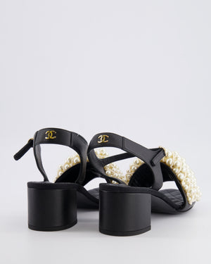 Chanel Black Heeled Sandals with Pearl Embellished Band and Champagne Gold CC Logo Detail Size EU. 38.5
