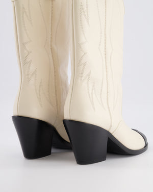 *HOT* Chanel Cream Leather Cowboy Heeled Boots with Black Toecap CC Logo and Embroideries Size EU 39C