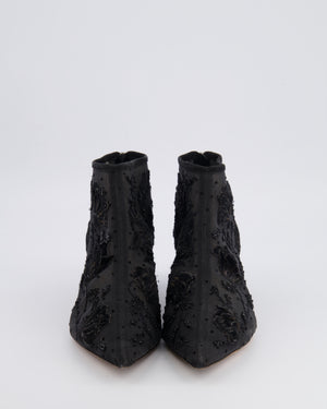 Christian Dior Black Mesh Pointed Kitten Heeled Ankle Boots with Velours and Beaded Floral Embroideries Size EU 38.5