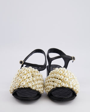 Chanel Black Heeled Sandals with Pearl Embellished Band and Champagne Gold CC Logo Detail Size EU. 38.5