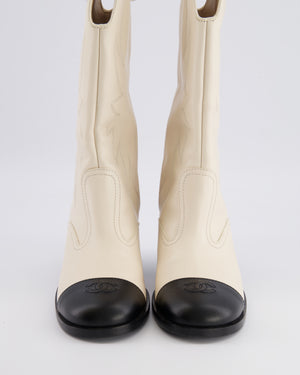 *HOT* Chanel Cream Leather Cowboy Heeled Boots with Black Toecap CC Logo and Embroideries Size EU 39C