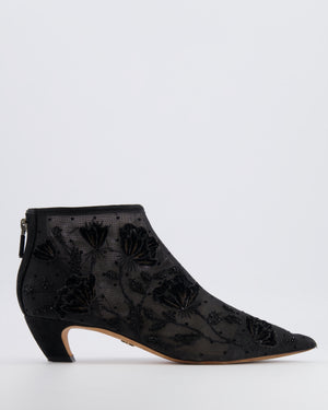 Christian Dior Black Mesh Pointed Kitten Heeled Ankle Boots with Velours and Beaded Floral Embroideries Size EU 38.5