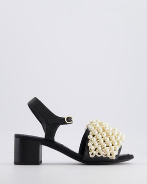 Chanel Black Heeled Sandals with Pearl Embellished Band and Champagne Gold CC Logo Detail Size EU. 38.5