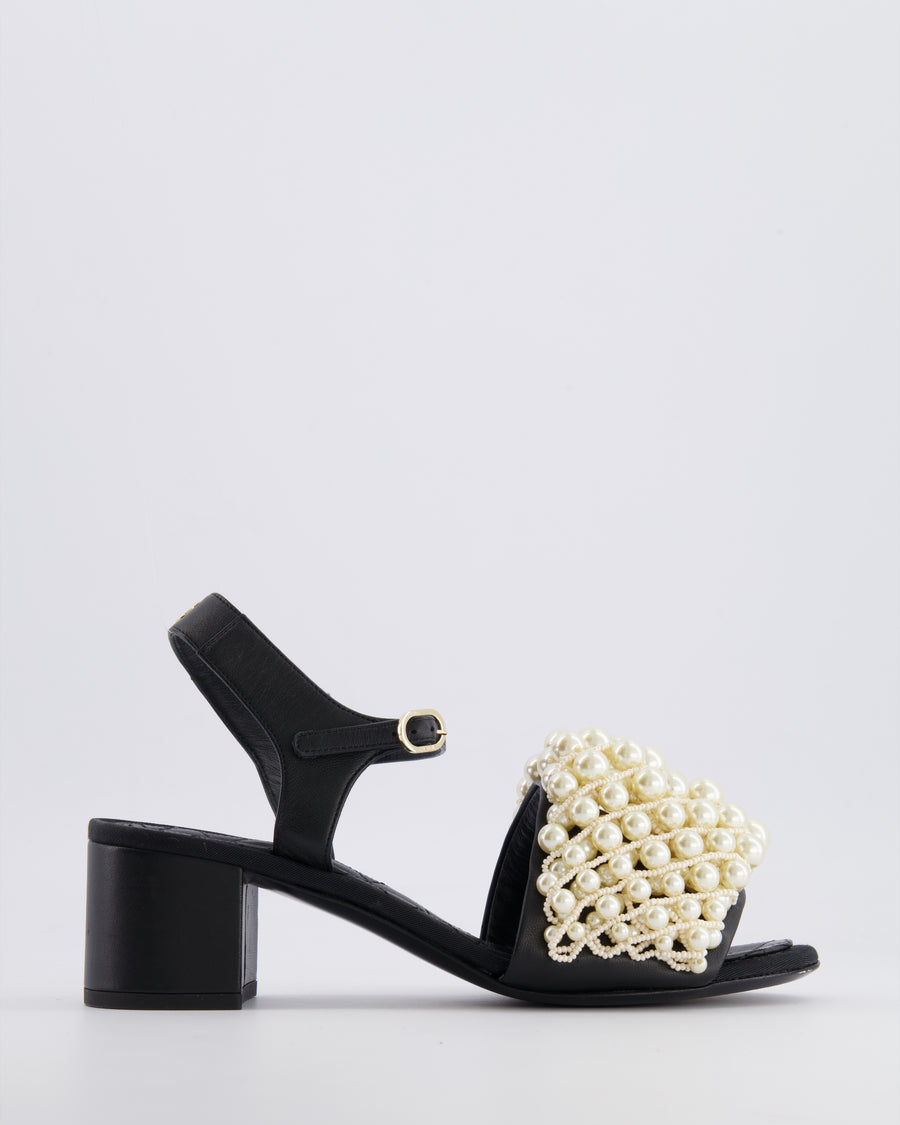 Chanel Black Heeled Sandals with Pearl Embellished Band and Champagne Gold CC Logo Detail Size EU. 38.5