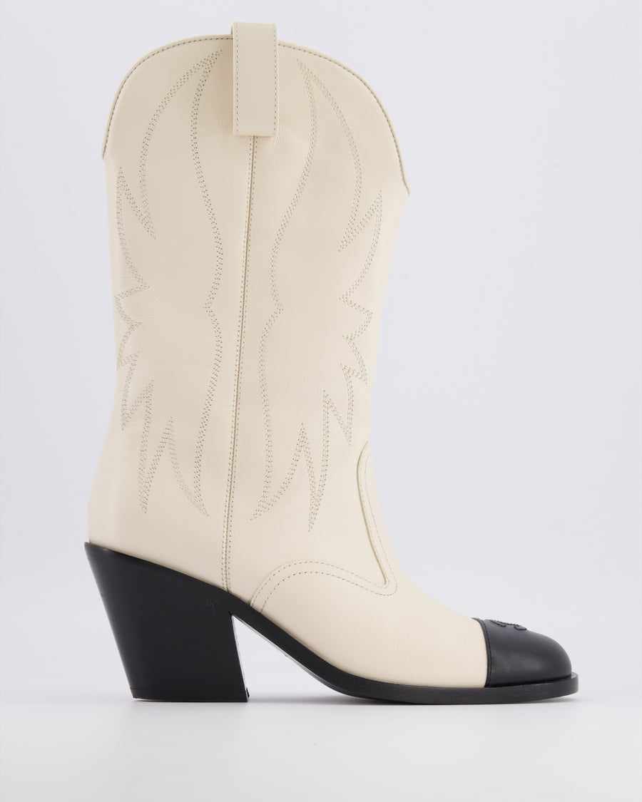 *HOT* Chanel Cream Leather Cowboy Heeled Boots with Black Toecap CC Logo and Embroideries Size EU 39C