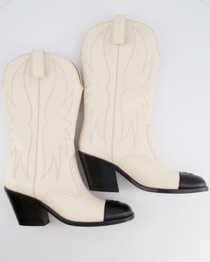 *HOT* Chanel Cream Leather Cowboy Heeled Boots with Black Toecap CC Logo and Embroideries Size EU 39C