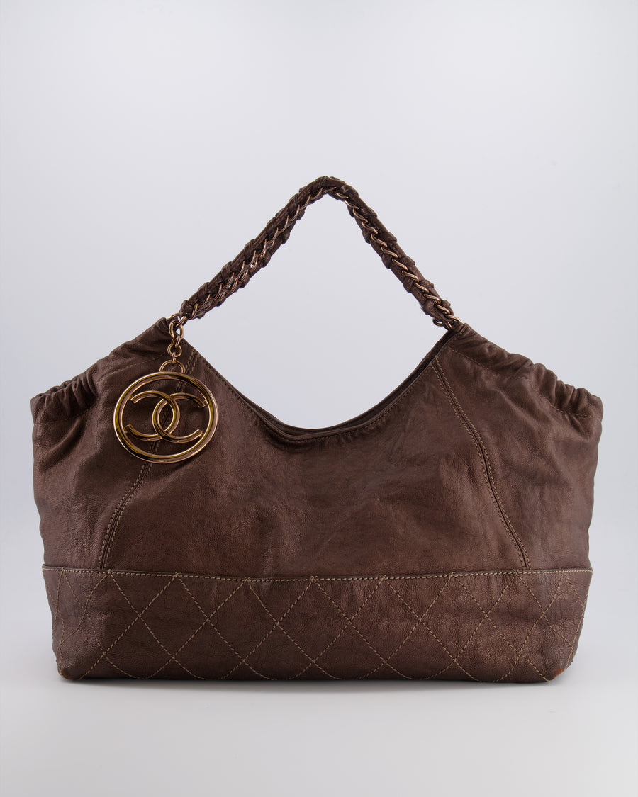 Chanel Vintage Bronze Calfskin Quilted Coco Cabas Tote Bag with Rose Gold CC Logo