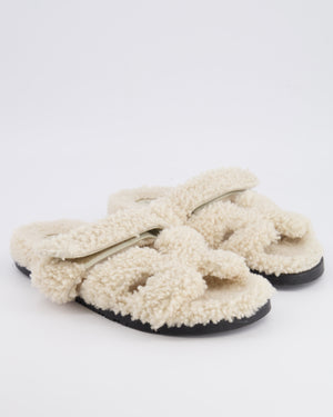 Hermès Cream Teddy Shearling Chypre Sandals Size 38.5