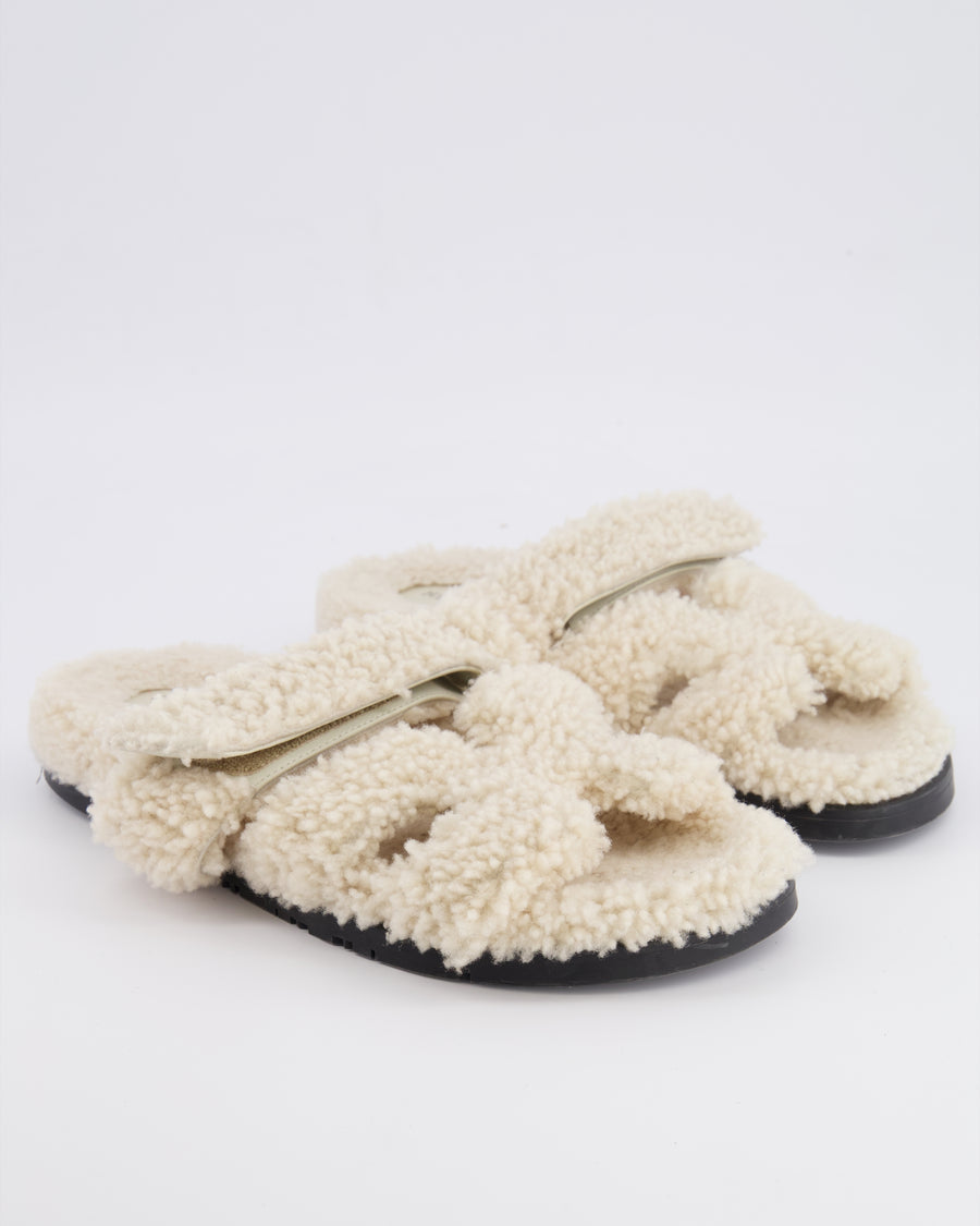 Hermès Cream Teddy Shearling Chypre Sandals Size 38.5