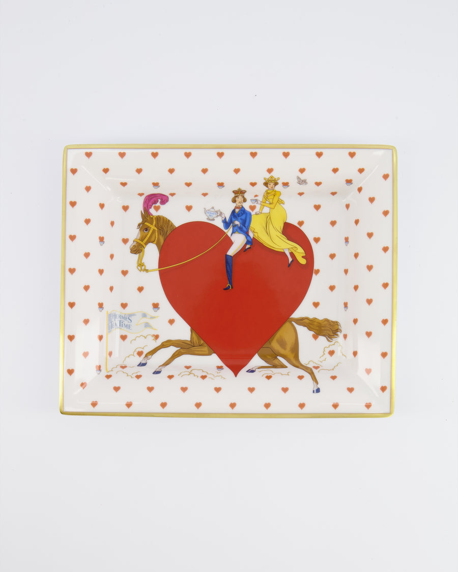Hermès White Porcelain Heart Printed Tea Time Change Tray in Pomme D'Amour with Horse and Figurines Print with Gold Border Detail RRP £740