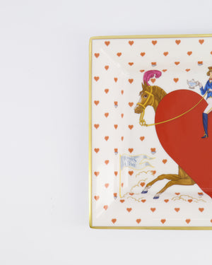 Hermès White Porcelain Heart Printed Tea Time Change Tray in Pomme D'Amour with Horse and Figurines Print with Gold Border Detail RRP £740