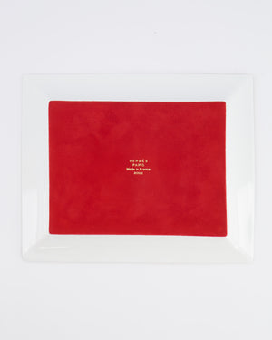 Hermès White Porcelain Heart Printed Tea Time Change Tray in Pomme D'Amour with Horse and Figurines Print with Gold Border Detail RRP £740