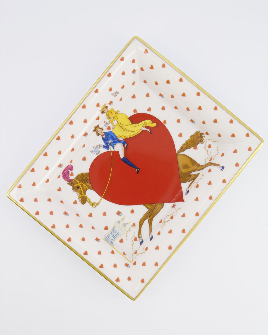 Hermès White Porcelain Heart Printed Tea Time Change Tray in Pomme D'Amour with Horse and Figurines Print with Gold Border Detail RRP £740